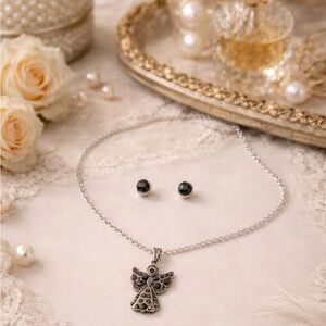 Vintage Angel Necklace & Stud Earrings Set Black Rhinestone Silver Tone 18” NWT